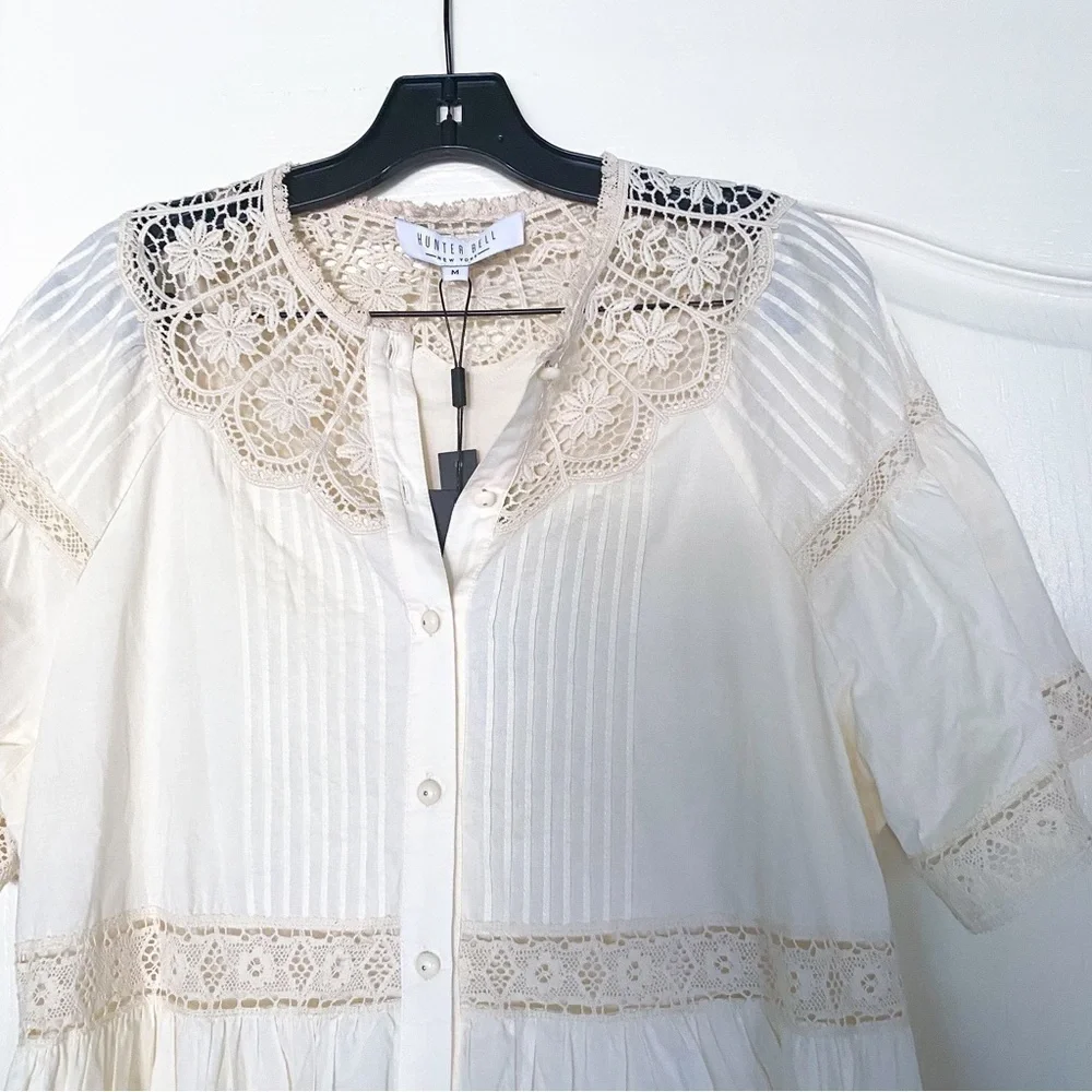 Hunter Bell Dress Newton Lace Pintucked Buttoned Tiered Mini Cream M NWT